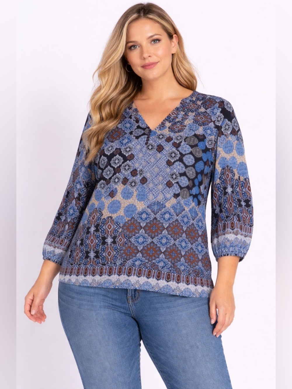 Chico's Blue Patchwork Medallion V-Neck Blouse Boho Top Chicos Size 2‎ Large 12